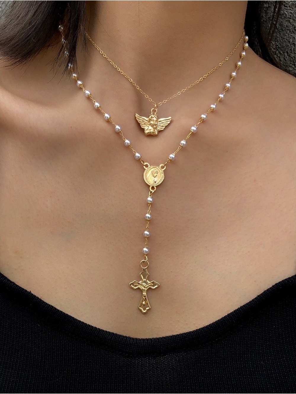Anthropologie Gold and White Pearl Layered Rosary Necklace